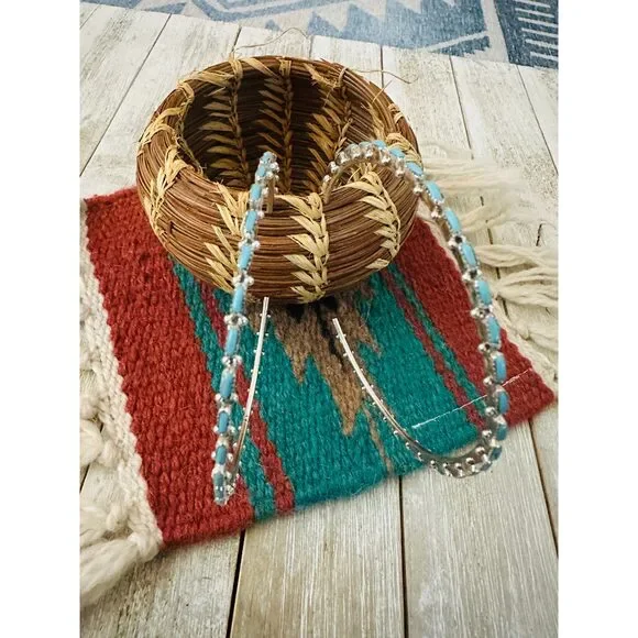Handcrafted Turquoise & Sterling Silver Needlepoint Hoop Earrings